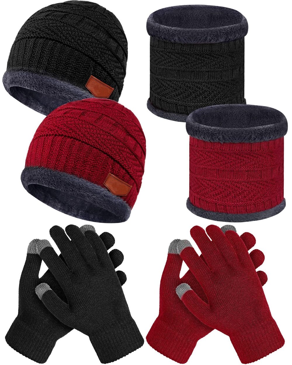 9711 6 Pcs Winter Hat Glove Scarf Set Beanie Fleece Scarf Touchscreen